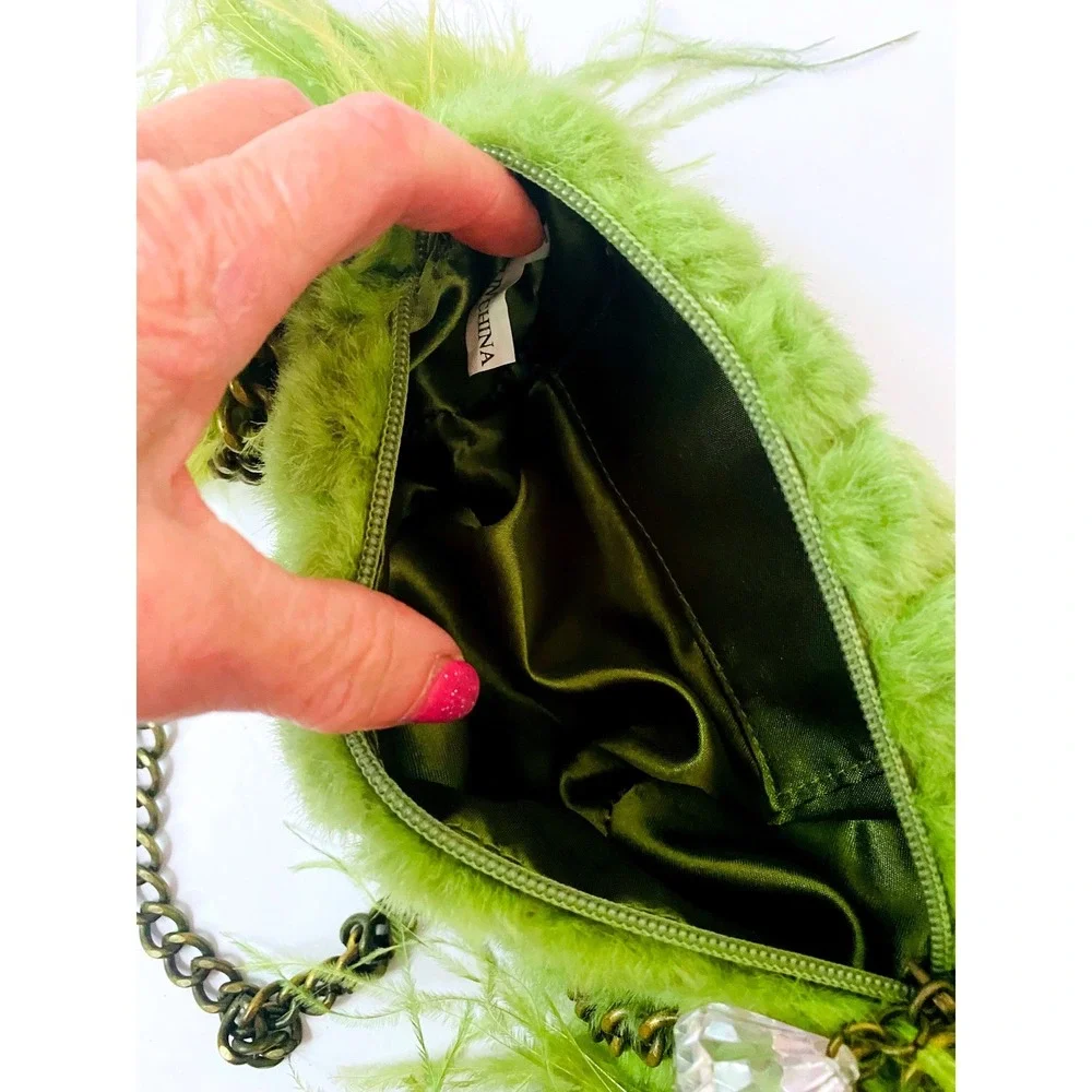 Olive Green Feather-Trim Fur Clutch with Chain Strap